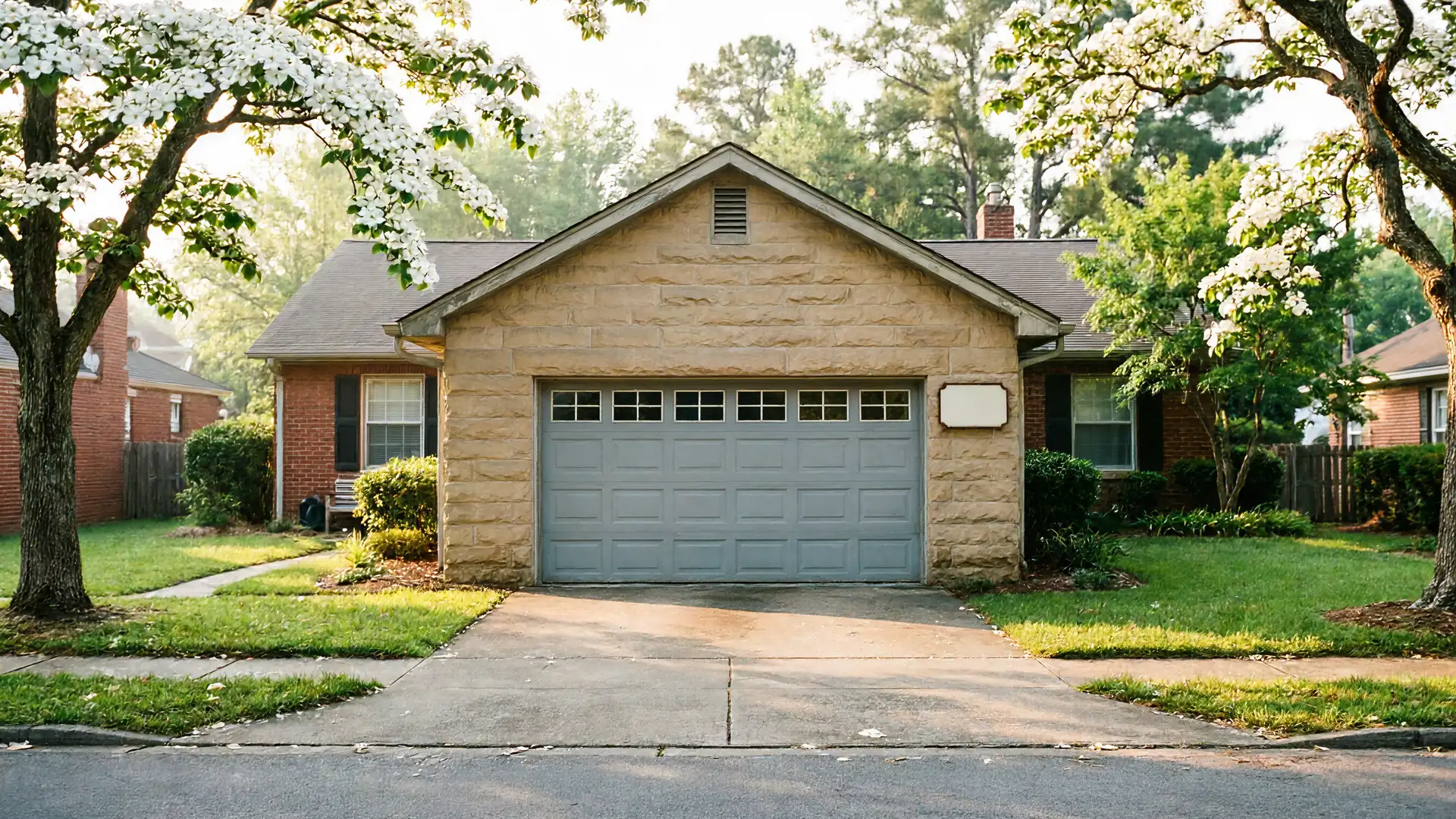 The house has a gray garage door with windows and a stone facade.