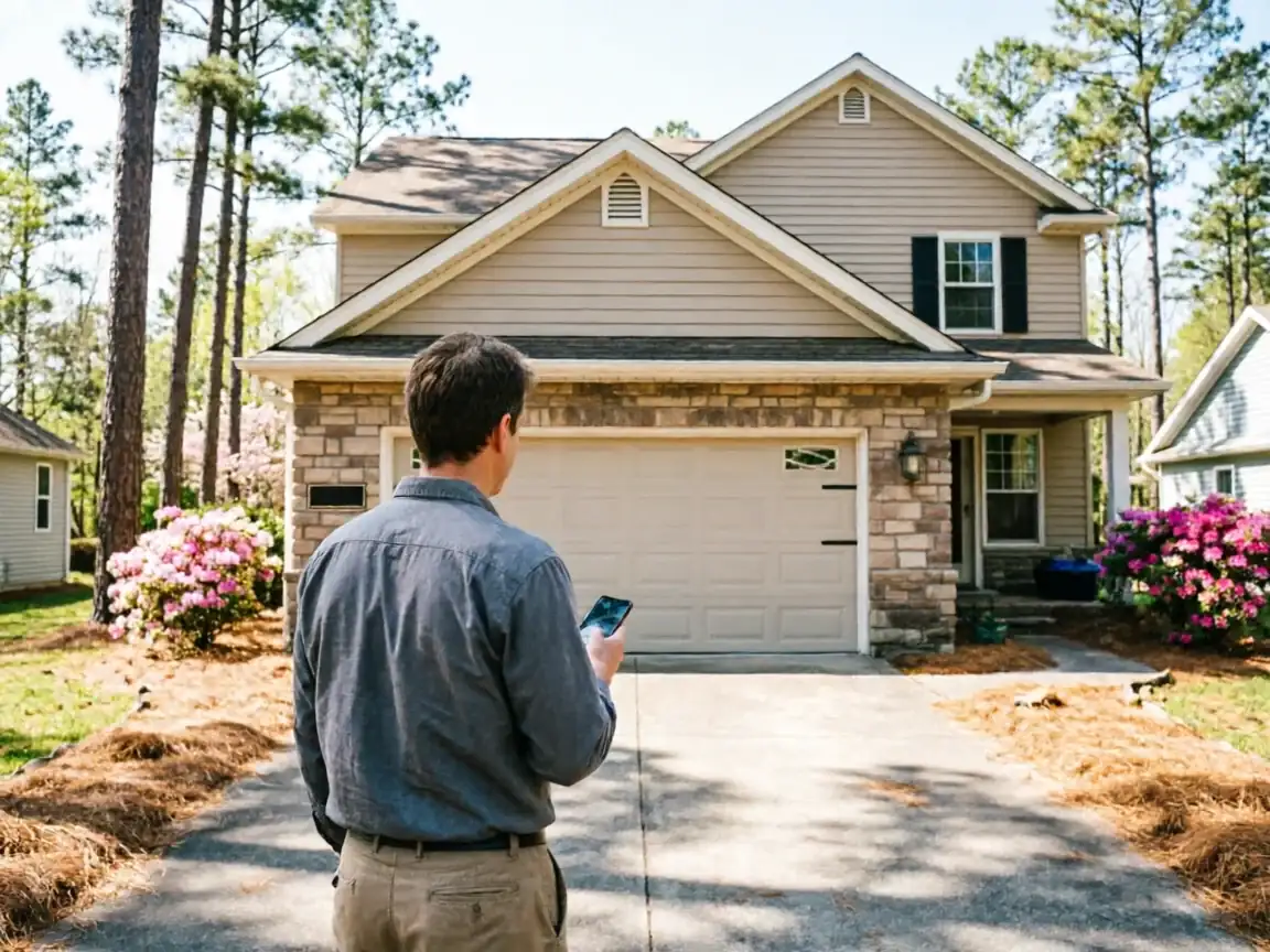 A man stands in a driveway looking at his phone in front of a house.