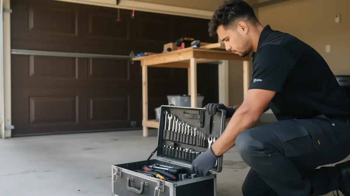 A technician kneels, opening a toolbox in front of a brown garage door.